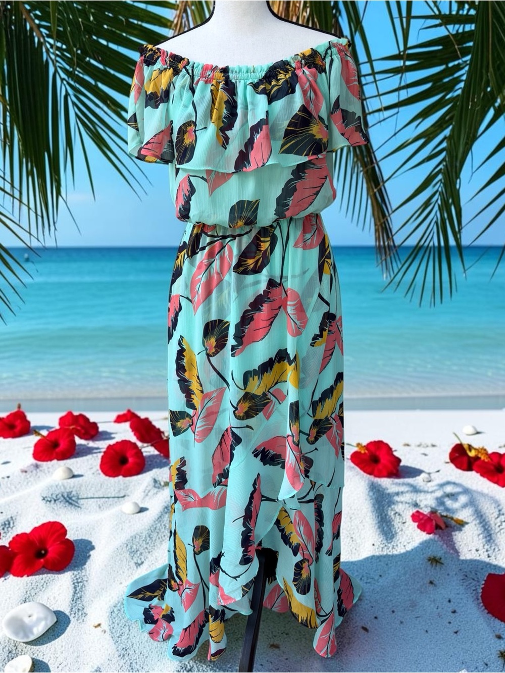 Express Aqua Off-Shoulder Maxi with Pink & Yellow Tropical Print